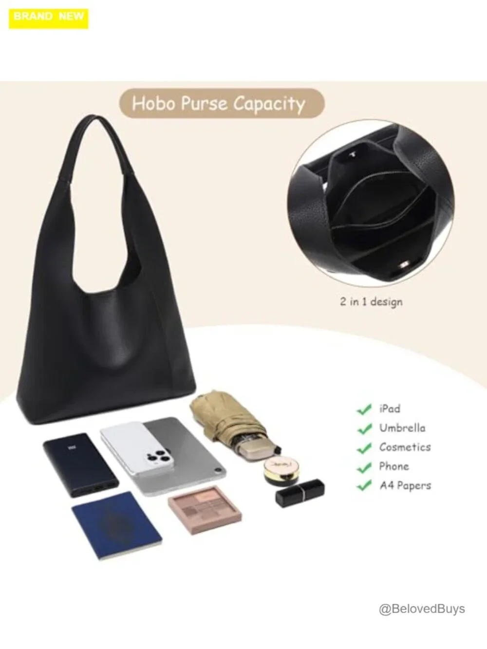 Slouchy Hobo Bag with Makeup Pouch, PU Leather, Soft Tote Work Bag, Shoulder